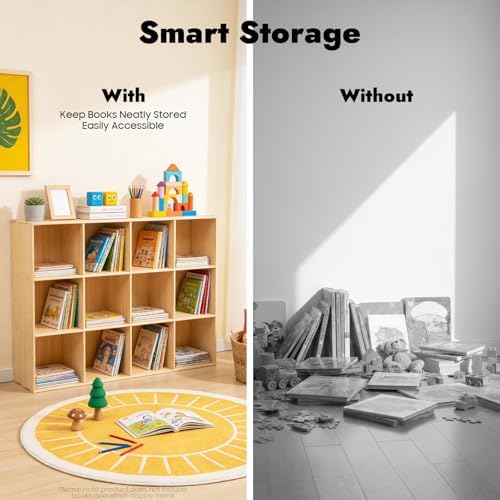 12-Cube Solid Wood Bookshelf, 3-Tier Storage Organizer Semi-Open Floor Display Shelf Closet Cabinet for Home Office Libr