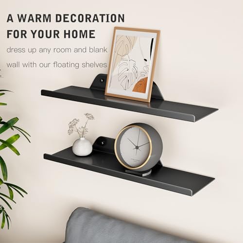 Floating Shelves for Wall, Wall Shelves, Off Center Metal Shelves for Living Room, 16” Modern Black Hanging Shelves for