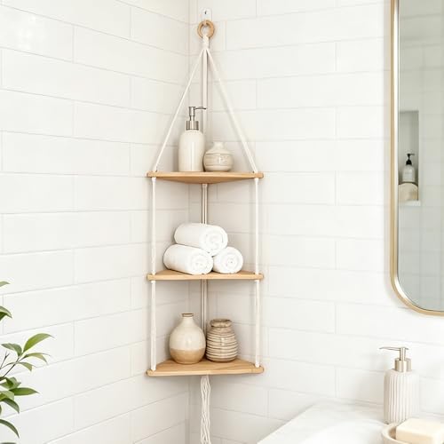 3 Tier Corner Wall Shelf, Macrame Corner Hanging Shelf with Hanging Hook