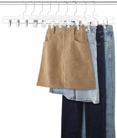 AMKUFO Pants-Hangers-with-Clips-30-Pack, 14 Inch Clear-Plastic-Skirts-Hangers-with-Adjustable-Clips for Shorts Jeans Trousers, Clothes-Hangers Non-Slip Clip-Hangers