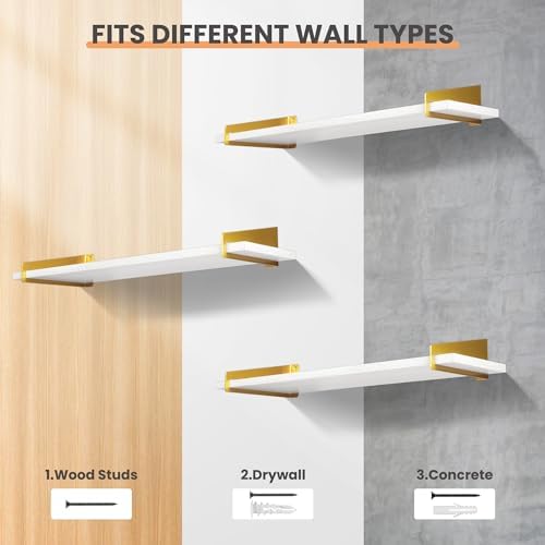 upsimples Wall Shelves for Decor, Long White Gold Floating Shelves Wall Mounted Set of 2, Sturdy Rustic Wood Shelves Han