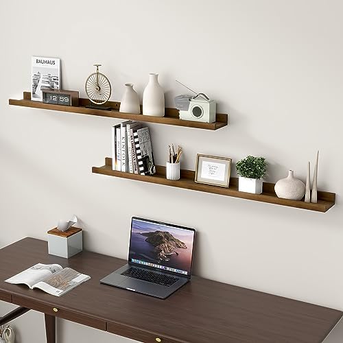 FLYJOE Picture Ledge Wall Shelves 48 inch Width Set of 2, Solid Pine Wood Rustic Floating Ledge Shelves for Wall for Kids' Room Bedroom Kitchen Bathroom Living Room Nursery Display Wall Decor, Walnut