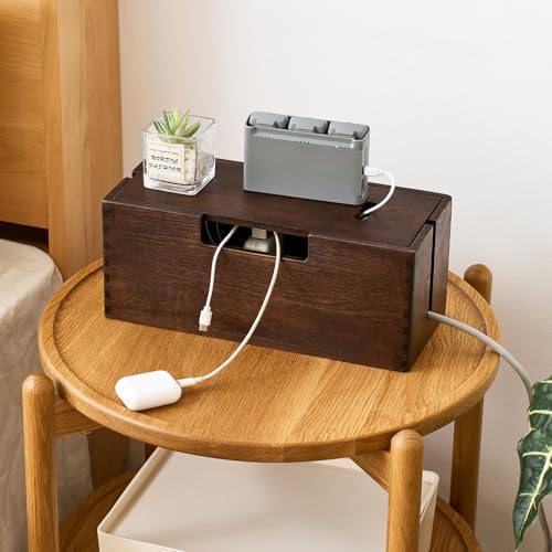 Oak Wood Cable Management Box - Large Cord Hider & Organizer with Magnetic Lid for Desk & Floor Cables in Home Office, L