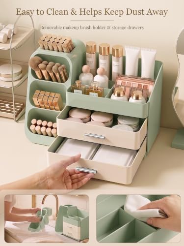 Booklov Large Makeup Organizer for Vanity Countertop, Green Cream