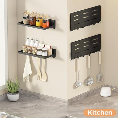 Small Folding Metal Shelf with Hooks, Fold-up Wall Shelf, 6 Hooks, Drop Down Floating Shelf for Laundry Room, Kitchen, R