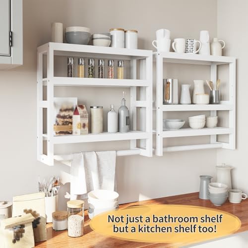 Bathroom Shelves with Hanging Bar Over Toilet Storage - Adjustable Wall Organizer (White)