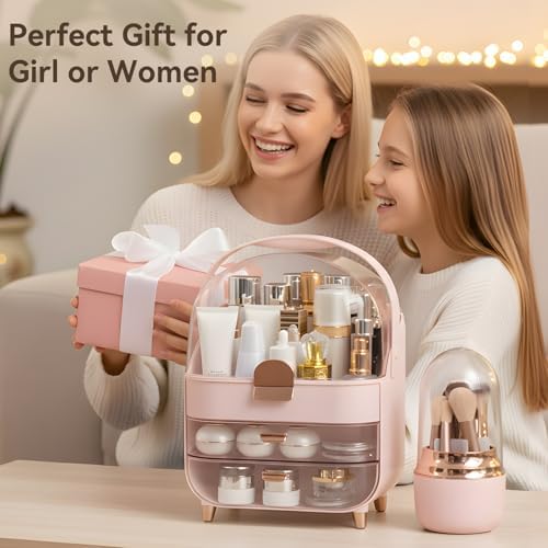 Makeup Organizer for Vanity with Brush Holder, Lid and 2 Drawers, Pink