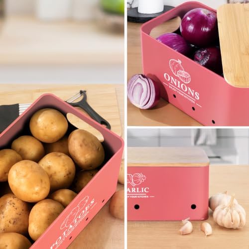 Kitchen Vegetable Storage Set of 3, Metal Onion Garlic Potato Storage Set, Kitchen Canisters Vegetable Keeper Containers