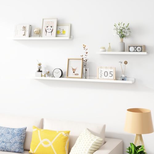 Acovy Picture Ledge Shelf, Wood Long Floating Shelves for Wall, Set of 2, 56 inch Picture Ledge Shelves, Photo Ledge Nursery Book Shelves Wall Mounted for Living Room Kids' Room Bedroom, Color White
