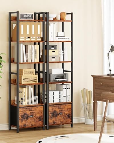 Furologee 6 Tier Bookshelf with Drawer, Tall Narrow Bookcase, Rustic Brown