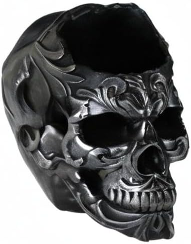 Ebros Gift Tribal Tattoo Floral Skull Pen Holder Figurine 5.75" L Office Desktop Ossuary Skulls Decor Cranium Skeleton Head Stationery Holder As Halloween Macabre Graveyard Spooky Decorative Statue