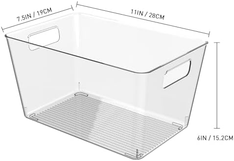 6 Pack Clear Plastic Storage Bins, 11" Large Pantry Organizer Bins with Handles, Plastic Containers for Refrigerator,BPA