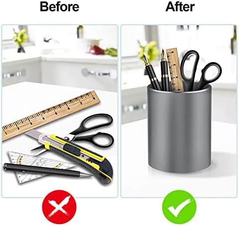 Desk Pen Holder, Pencil Cup, Pen Organizer for Desk—Metal Pencil Holder, Pen Cup, and Storage Box for the Office, Home, and—Non-slip Silicone Base—3.93 × 3.14 inches (Gray)