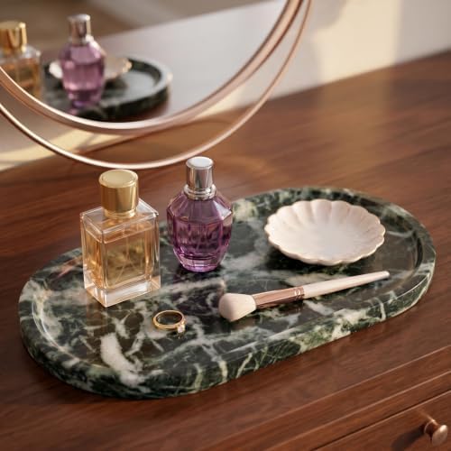 YKAJO Snowflake Green Oval Marble Tray, 11.8x5.9 Vanity Perfume Organizer