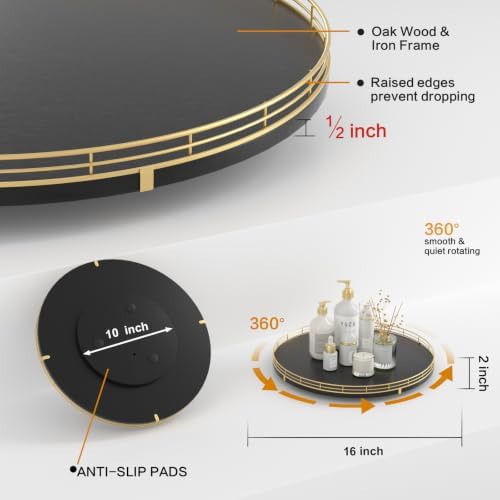 Oroyutor 16-Inch Oak Lazy Susan Organizer with Gold Rail and Black Finish