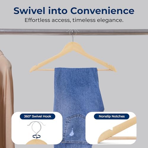 SereneLife Wooden Hangers 30 Pack, Non-Slip, Sturdy, Heavy Duty Suit Hanger Set with 360° Chrome Swivel Hook, Space-Saving Wood Hangers Closet Organizer for Clothes, Coat, Pants, Dress (Natural)