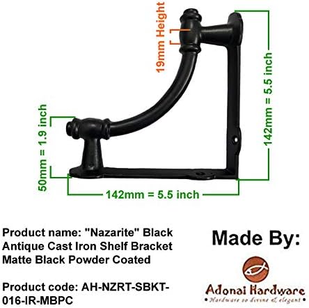 Adonai Hardware Nazarite Antique Cast Iron Shelf Bracket (Supplied as 2 Pieces per Pack)- Matte Black Powder Coated