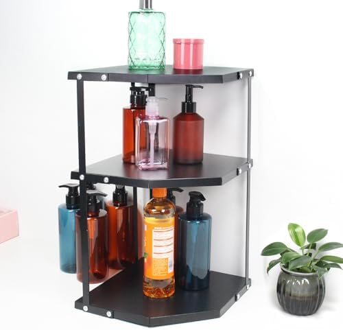HUIJIN Black 3-Tier Kitchen Corner Rack, Triangular Storage Shelf Organizer, Multipurpose Corner Pot Rack Stand Holder