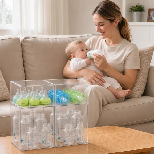 Baby Bottle Organizer 4 Pack Baby Bottle Storage Organizer Clear Bottles Station Acrylic Stackable Container Drawers Bin