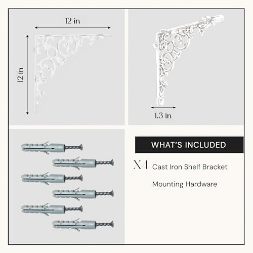 NACH Scroll Metal Shelf Brackets Set of 2, Heavy-Duty Wall Shelf Support for Wood Shelves, Decorative Cast Iron Floating