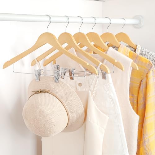TOPIA HANGER Wooden Suit Hangers with Adjustable Metal Clips (20 Pack), Solid Smooth Wood Clothes Hangers, 360° Swivel Hook, Premium Pants Hangers for Clothes Coat, Jeans, Blouse-Natural, CT28N20