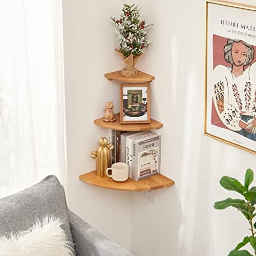 Oak Corner Shelf 14 inches Natural Wood Floating Corner Shelves Round End Wall Mounted Display Shelf Corner Plant Stand