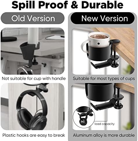 OOKUU 2 in 1 Desk Cup Holder with Headphone Hanger, Anti-Spill Cup Holder for Desk or Table, Easy to Install, Sturdy and Durable, Enough to Hold Coffee Mups, Water Bottles, Headphones
