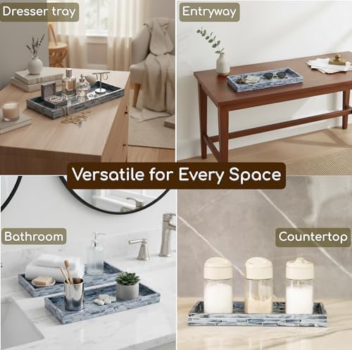 PEMAR Blue Mother of Pearl Tray Set of 2 – Handcrafted Decorative Vanity & Countertop Organizer for Bathroom, Entryway,