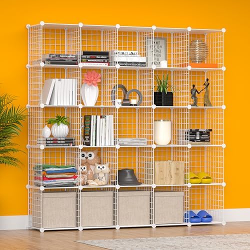 Cube Storage Organizer, Metal 25-Cube Shelves Bookshelf, Portable Closet Clothes Organizer for Bedroom, Home, Office, Wh