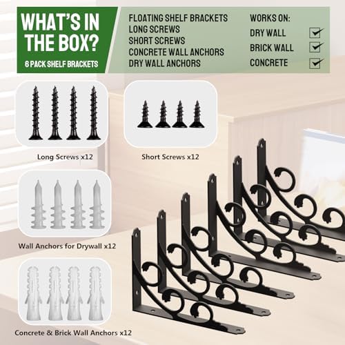 L Shelf Brackets for 4" 5" Board, Floating Shelf Bracket Heavy Duty Metal Shelving Brackets for Shelves, Decorative Iron