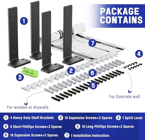 Goovilla Shelf Bracket, Floating Shelf Brackets 8 inch Long, 4 Pack, Black