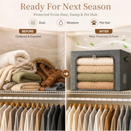 GoMaihe Clothes Storage Bins with Metal Frame for Sweaters, 40L 3-Pack Grey