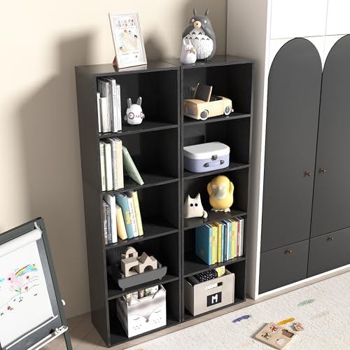 Wooden 5 Cube Storage Organizer, Black 5 Tier Bookcase Bookshelf Freestanding Storage Display Organizer, Versatile Cubes
