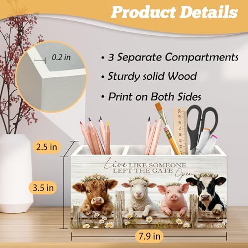 Farmhouse Highland Cow Sheep Pig Pen Holder Organizer for Desk Accessories, Live Like Someone Left the Gate Open Funny Animal Wooden Box Sign Desk Decorations for Home Office Decor