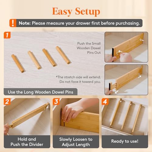 Lifewit 4" High Dresser Drawer Dividers, Adjustable Bamboo Drawer Organizer