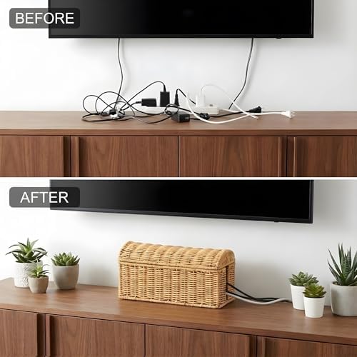 PP Rattan Cable Management Box to Hide Cords and Power Strip
