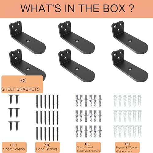 Eurydice Heavy Duty Floating Shelf Brackets, 1/4 in Thick 4 in 6Pack Black