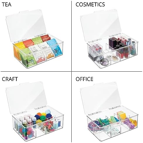 mDesign Tea Bag Single Serve Pouch Divided Box Holder Organizer, Clear
