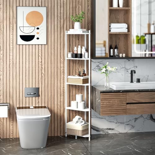 Corner Shelf Stand - 5 Tier Bamboo Small Corner Bookshelf for Office Kitchen Bedroom Plant Stand Living Room Decor Small