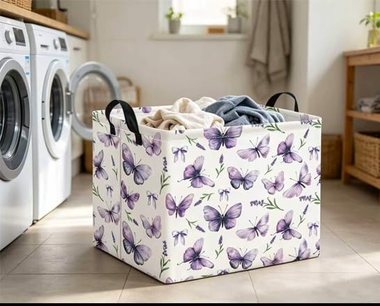 Rectangular Baby Kids Storage Basket for Home Kitchen Girls Cute Toy Storage Bin Organizer Shelf Book Room Decor(Lavender Butterfly)