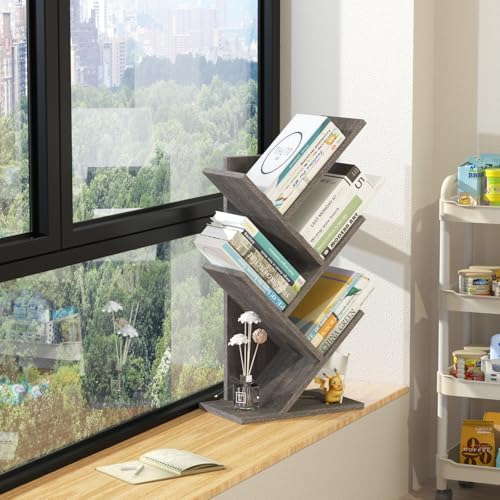 SHEEPAM Small Tree Book Shelf,5 Tier Bookshelf, Wood Desktop Bookcase