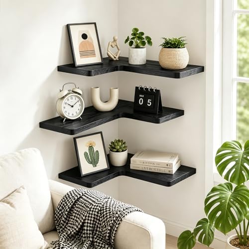 Solid Wood Corner Floating Shelves, L-Shaped, Black, Set of 3