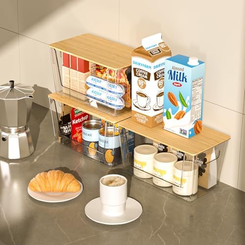 CiWiVOKi 6 Pack Clear Stackable Storage Bins with Bamboo Lids, Trash Bag Holder Dispenser Under Sink Organizer for 4-13