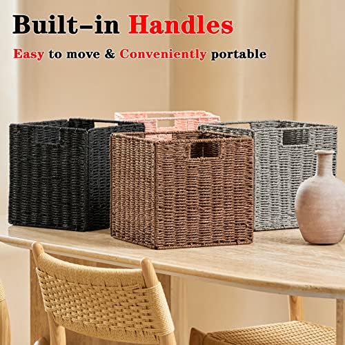 Vagusicc Wicker Basket, Set of 2 Hand-Woven Paper Rope Storage Baskets for Organizing, Foldable Cubby Storage Bins, 11 I