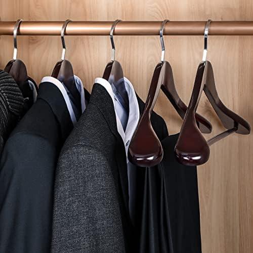 TOPIA HANGER Set of 6 Luxury Mahogany Wooden Coat Hangers, Premium Wood Suit Hangers, Glossy Finish with Extra-Wide Shoulder, Thicker Chrome Hooks & Anti-Slip Bar CT02M