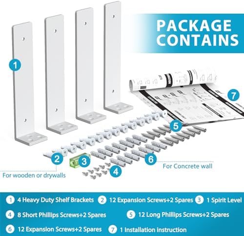 Goovilla Floating Shelf Brackets 8 Inch for 2×4" Wood Stud, 4 Pack, White