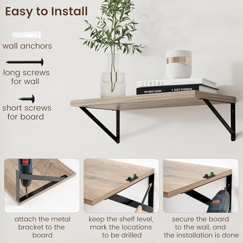 Axeman 12 Inch Deep Floating Shelves for Wall - 24 Inch Wide x 12 Inch Deep Wall Shelves Set of 2 - Rustic Grey Wood Flo