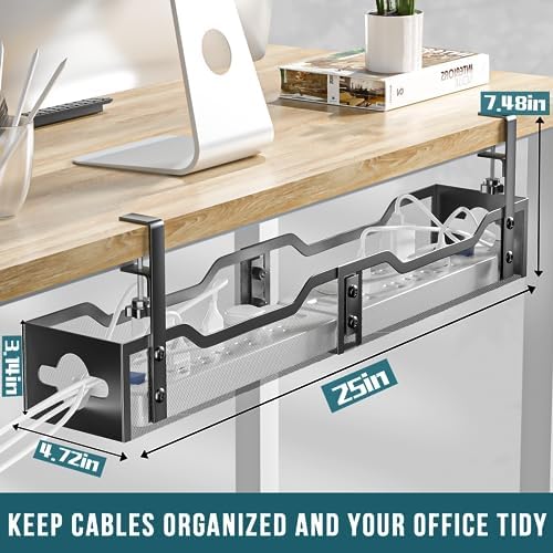 Under Desk Cable Management Tray Black, Litwaro Cable Management Under Desk No Drill, 25'' Cable Tray with Clamp for Wir