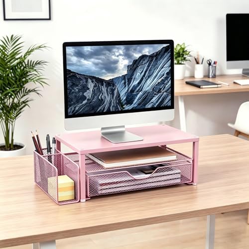 Spacrea Computer Monitor Stand with Drawer and Pen Holder, Pink