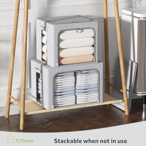CYhom 3Pack Foldable Storage Bins - Frame Storage Box Linen Fabric Stackable Clothes Container Organizer with Clear Wind